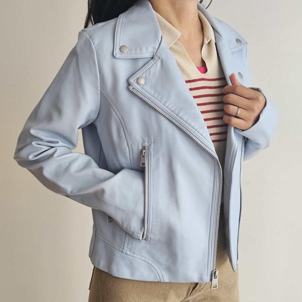 Sky Blue Women's Leather Biker Jacket